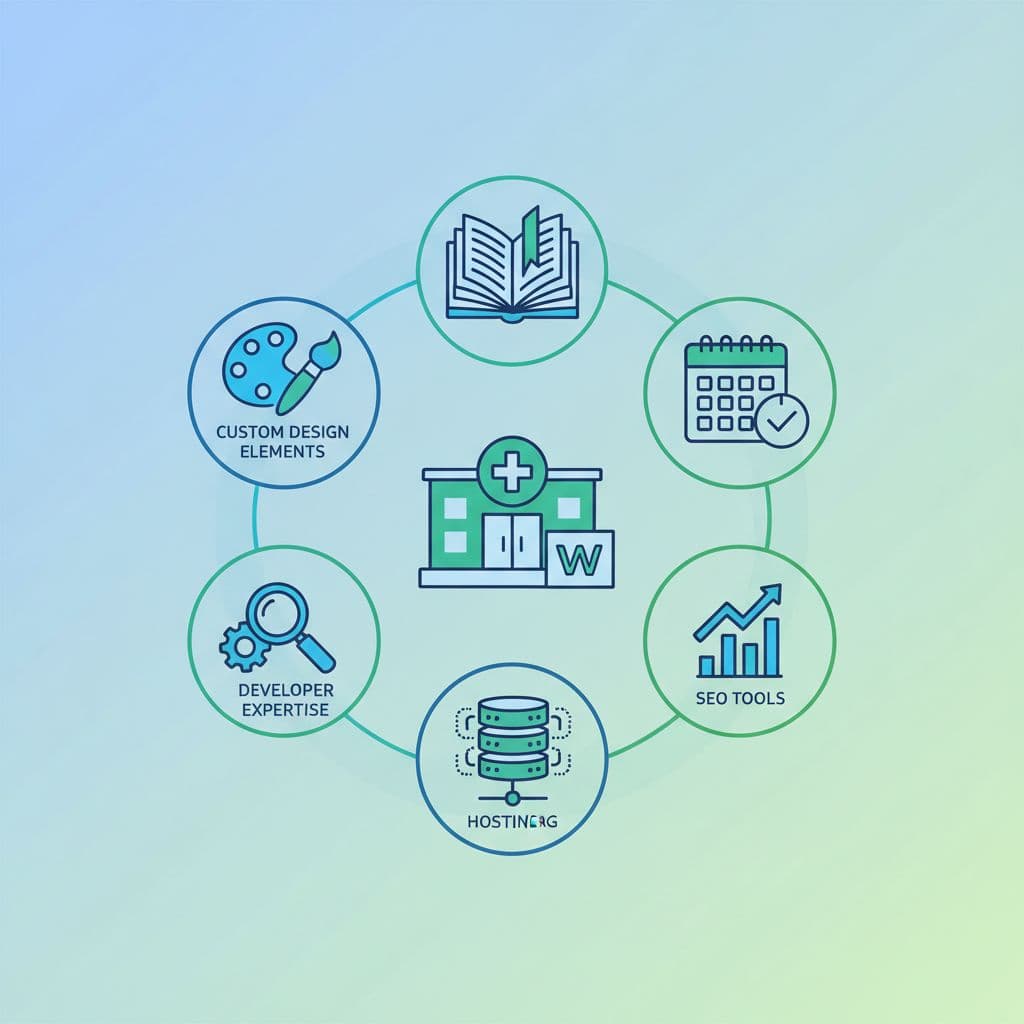 Flat vector illustration of icons representing number of pages, custom design, booking features, hosting, SEO tools, and developer expertise, arranged circularly around a central clinic website symbol, in blue and green tones.