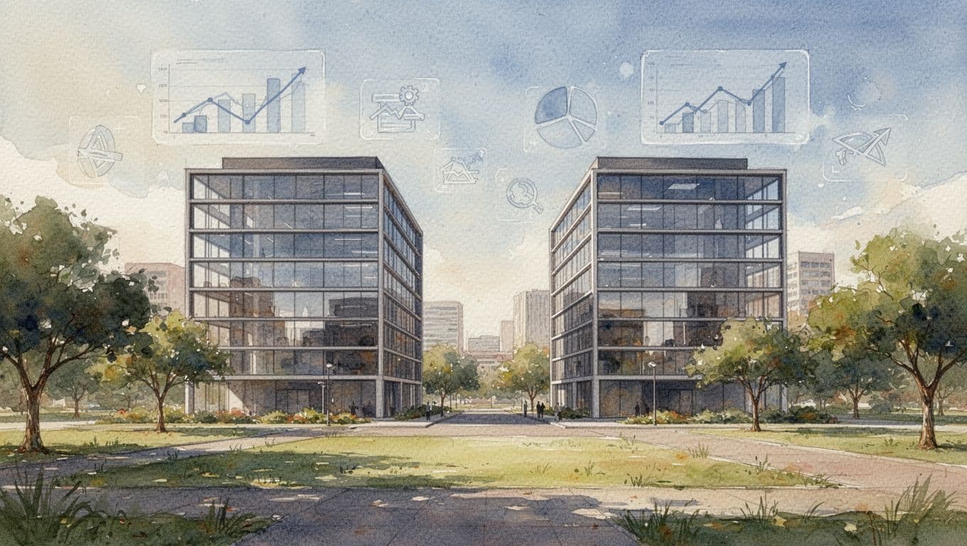 Side-by-side modern office buildings symbolizing Kenya's Capital Markets Authority (CMA) and Insurance Regulatory Authority (IRA) in an urban park setting, with faint stock charts and insurance policy icons floating in the watercolor-style air under soft afternoon light.