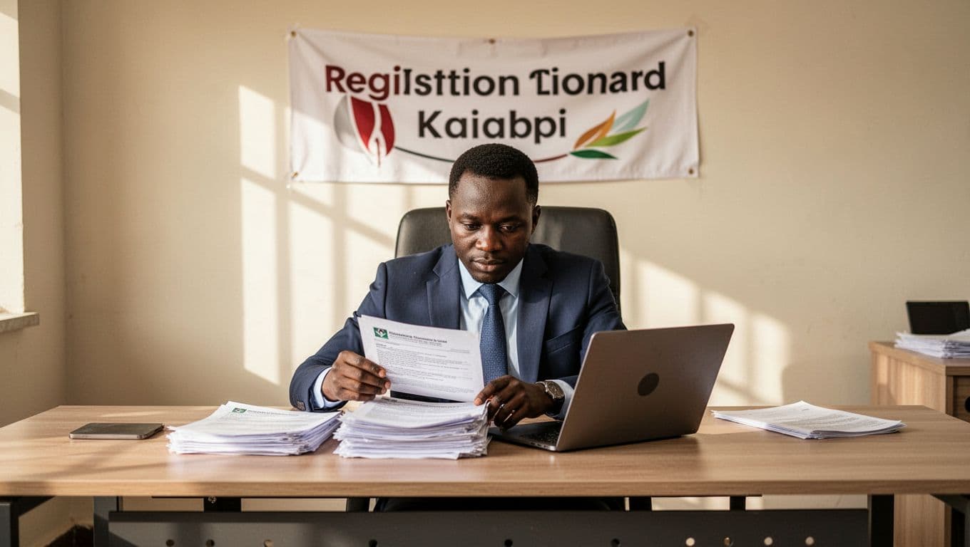 Kenyan business owner in a bright Nairobi office preparing company registration documents on a desk with laptop open to eCitizen portal, Kenyan flag on wall, focused on work in natural daylight, realistic photo.