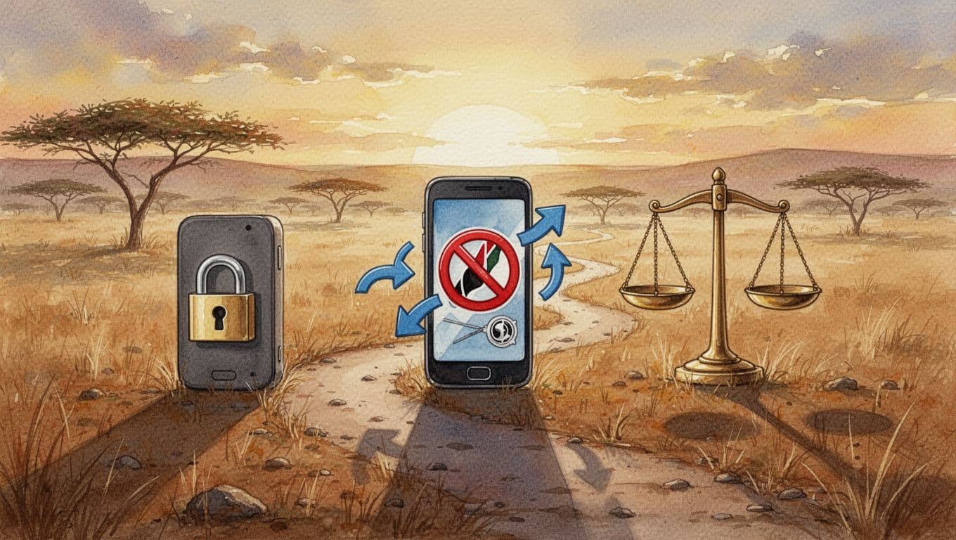 Watercolor-style timeline path across Kenyan savanna at sunset with three steps: locked computer icon for 2018 Act, mobile phone with swap arrow and blocked website for 2025 amendments, balanced scales for 2026 court ruling. Soft blending, visible brush texture, warm earth tones, landscape ratio, no text or people.