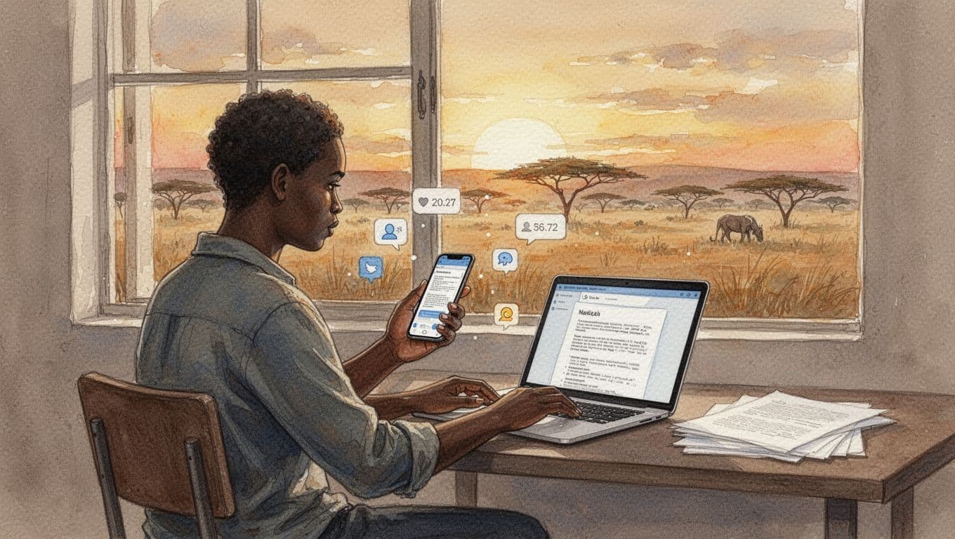 Watercolor-style illustration of one person in a Nairobi home office taking a smartphone screenshot and submitting a report form on a nearby laptop, with floating evidence icons like chat bubbles and timestamps, savanna sunset view through window in warm earth tones.