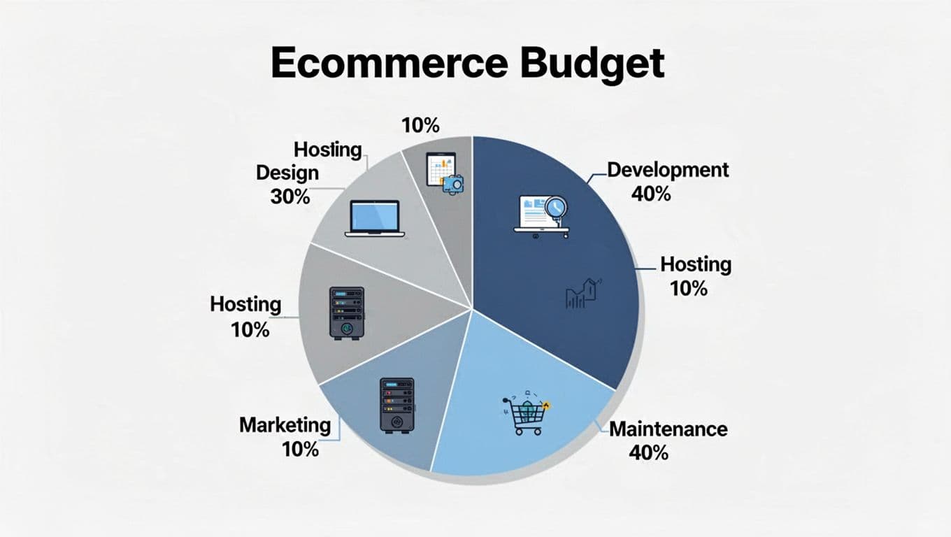 Infographic pie chart displaying budget breakdown for ecommerce website development costs in Kenya: design 30%, development 40%, hosting 10%, marketing 10%, maintenance 10%. Modern flat design with neutral colors and simple icons, centered with 'Ecommerce Budget' title.