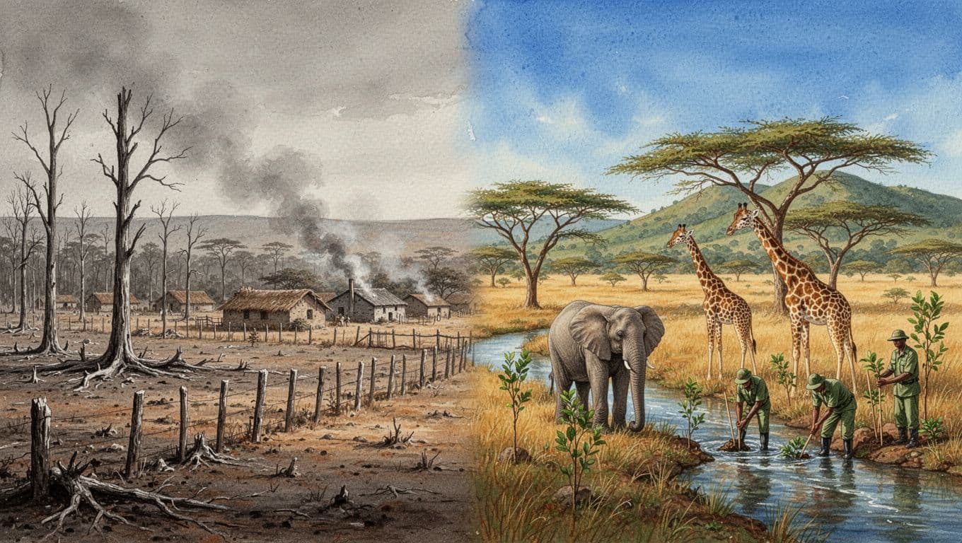 Split watercolor landscape showing Kenya's transformation from colonial-era barren logged forests and farms to post-2010 protected savanna with acacia trees, elephant, giraffe, rivers, and tree-planting rangers under golden hour light.