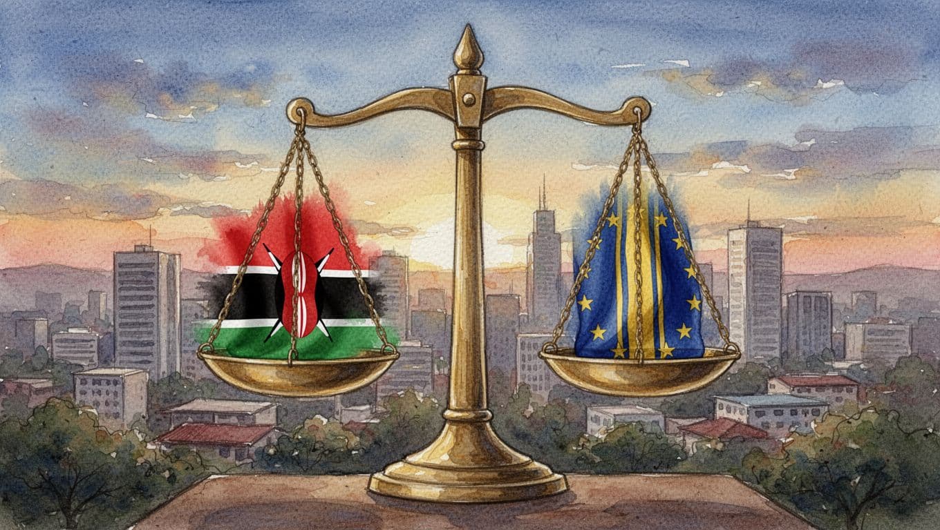 Balanced scales of justice with Kenyan flag colors on one side and EU flag stripes on the other, set against Nairobi skyline, symbolizing data protection law alignment in watercolor style.
