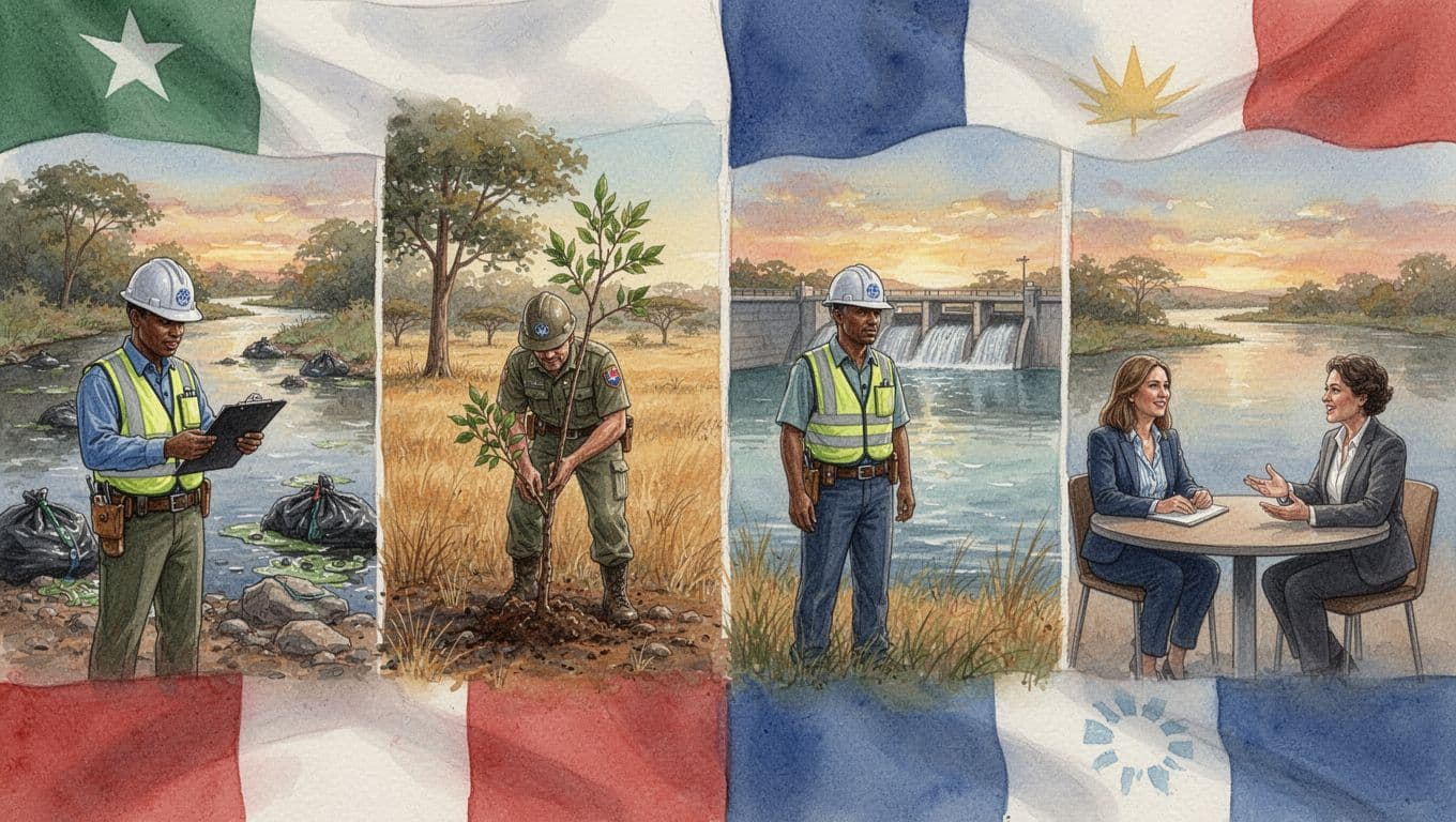 Watercolor split-panel landscape illustration featuring four vignettes of Kenyan environmental enforcement: NEMA inspector clipboard at polluted river cleanup site, forest ranger planting tree in savanna, water engineer managing dam reservoir, and climate experts at roundtable discussion, connected by Kenyan flag elements under golden hour light.