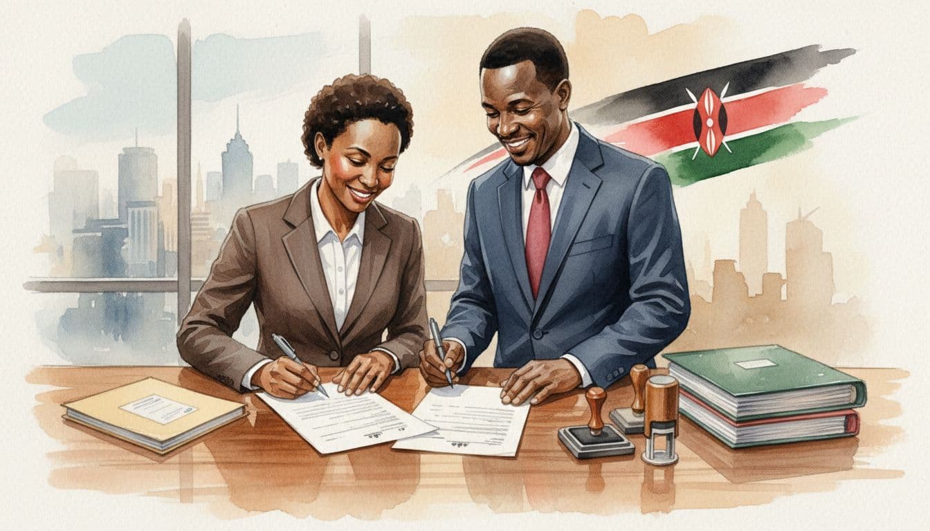 Kenyan buyer and seller in formal attire finalize property transfer by signing documents at a lands registry counter, with stamps and files nearby, followed by a handshake in a modern office with subtle Kenyan flag, rendered in watercolor style with soft blending, brush texture, and warm celebratory tones.