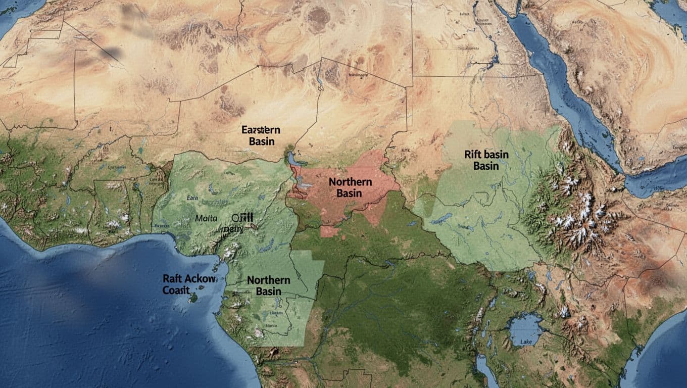 Realistic topographic map of Kenya highlighting major oil and gas basins including Lamu Basin in the east, Anza Basin in the north, and Tertiary Rift Basin with Turkana and South Lokichar areas marked by subtle color shading.