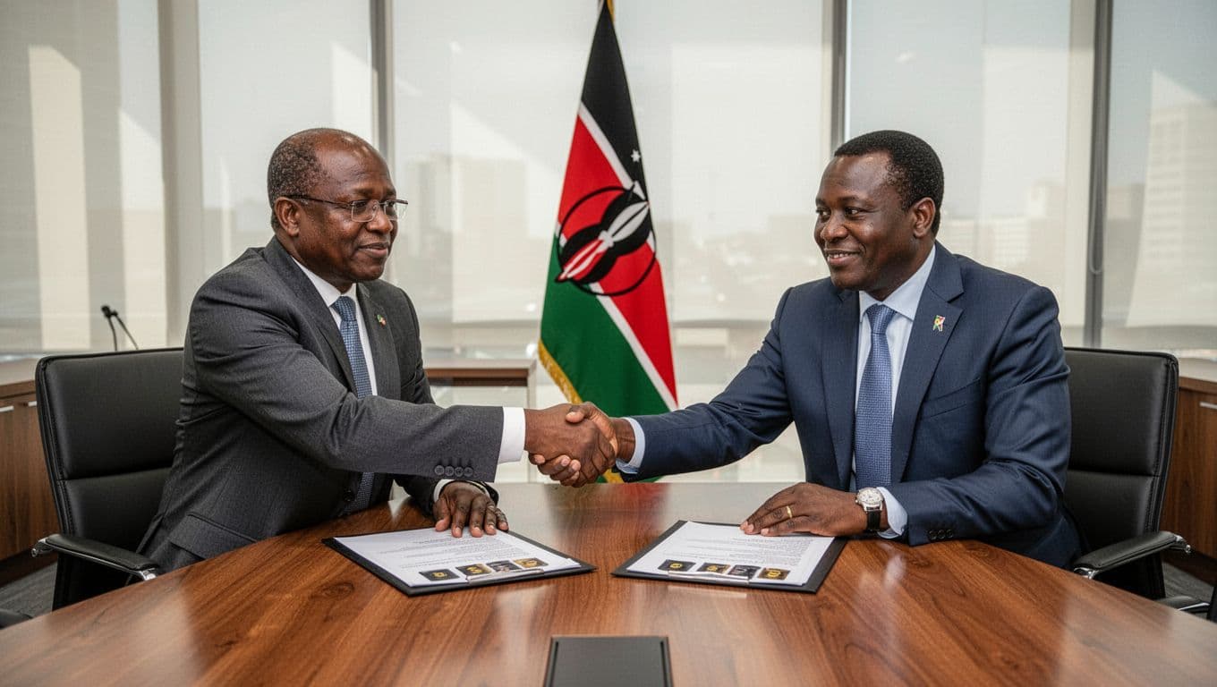Kenyan government official and oil company executive shaking hands over production sharing contract documents on a wooden table, with subtle oil barrel icons and Kenyan flag in the background in a modern conference room.
