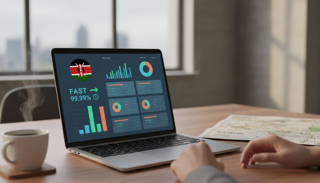 Dashboard screenshot on a laptop screen showing website analytics with fast load times and 99.99% uptime, Kenyan flag icon, surrounded by coffee mug, Nairobi map, and relaxed hands in soft office lighting.