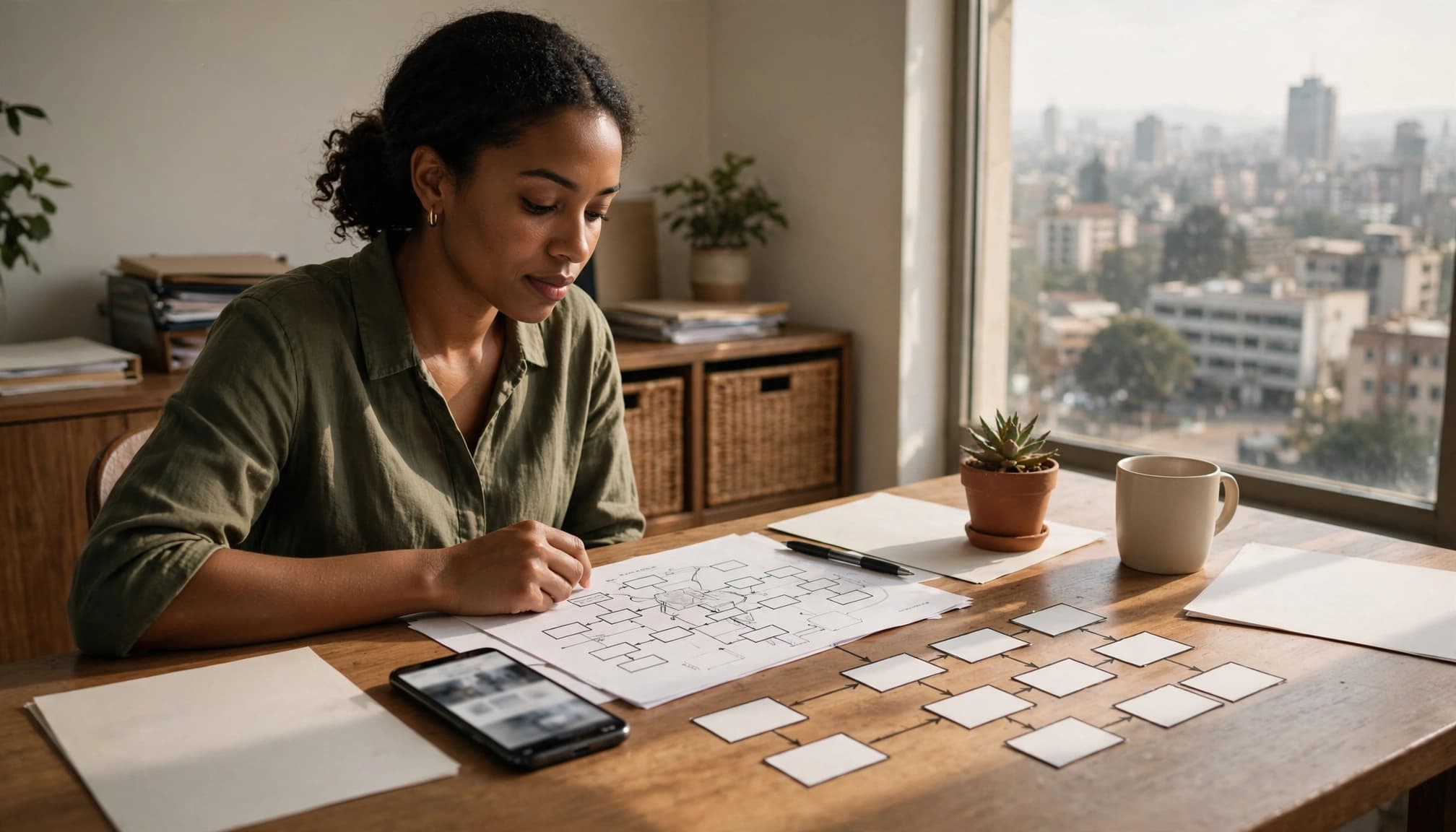 A business owner reviews a proposal beside a site map and phone in a Nairobi office.