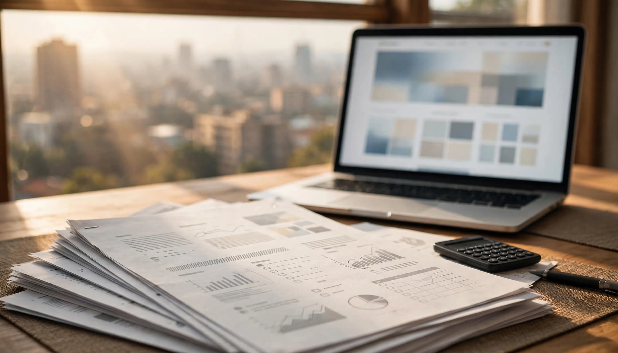 Estimate papers, a calculator, and a laptop sit on a sunlit conference table.