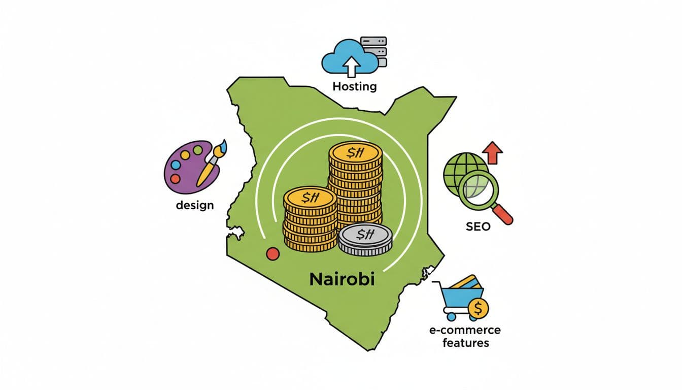 Simple infographic-style illustration of website building blocks like design, hosting, and SEO icons arranged around a Kenyan shilling coin stack on a map of Kenya highlighting Nairobi, using vibrant flat design.