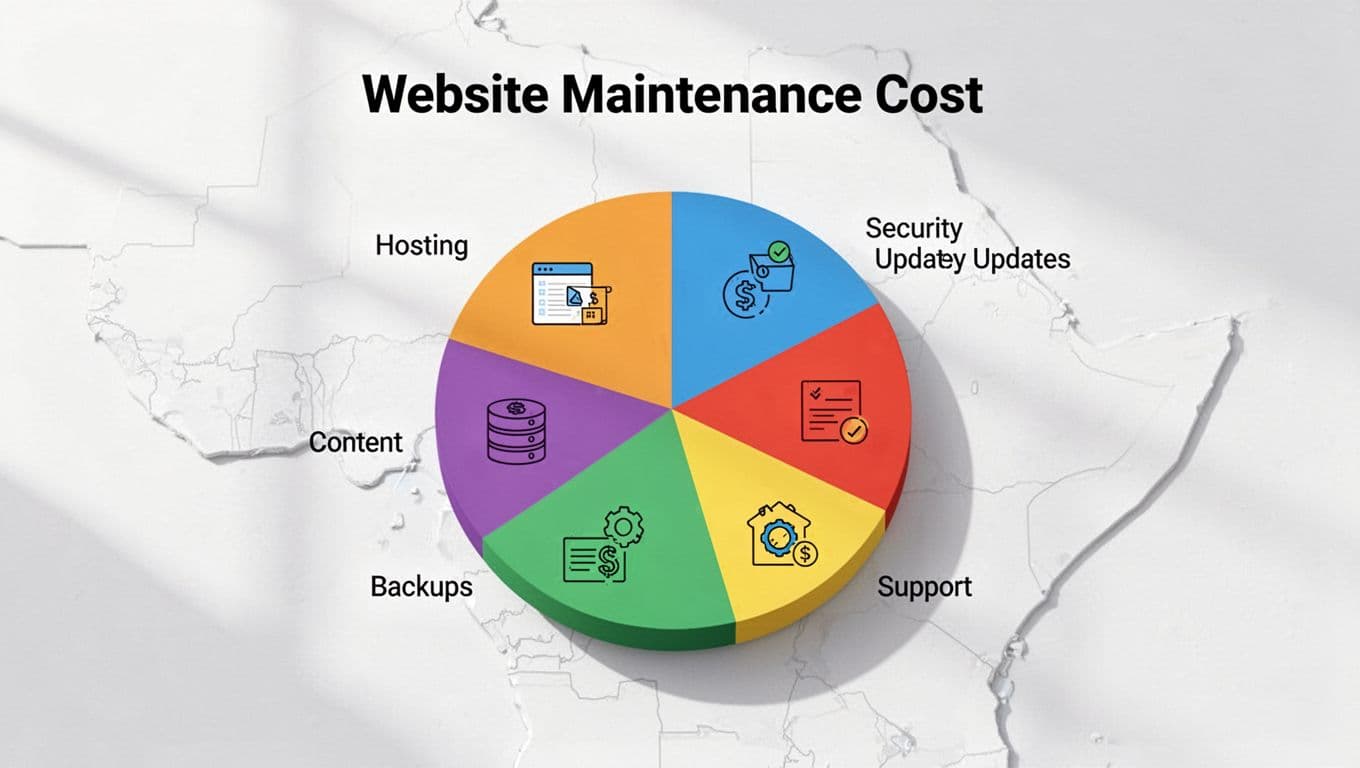 Infographic pie chart showing the breakdown of website maintenance costs in Kenyan shillings, with slices for web hosting, security updates, regular backups, content updates, and support. Clean modern vector art design on white background with subtle Kenyan map outline, icons, bright colors, and no text labels.