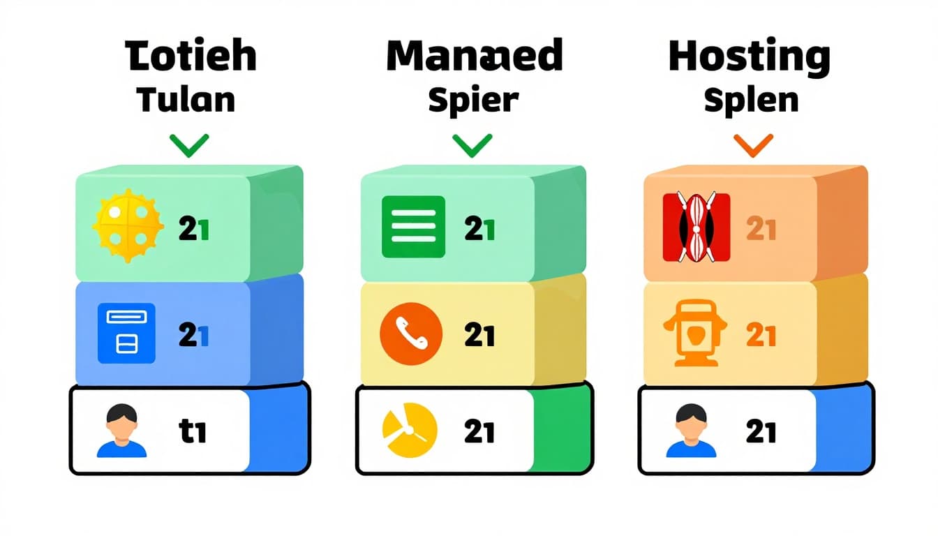 Three tiered managed WordPress hosting plans in Kenya visualized as stacked blocks with simple icons for storage, speed, and support in Kenyan shillings style. Flat colorful landscape design featuring bright Kenyan flag accents, no text, numbers, people, or backgrounds.