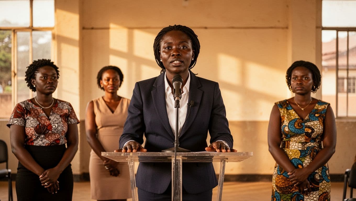 Empowered Kenyan woman in professional attire speaks confidently at a podium during a women's rights awareness event in Nairobi, with an attentive female audience in the background of a sunny indoor hall. The image illustrates advocacy and speaking out against domestic abuse and femicide.
