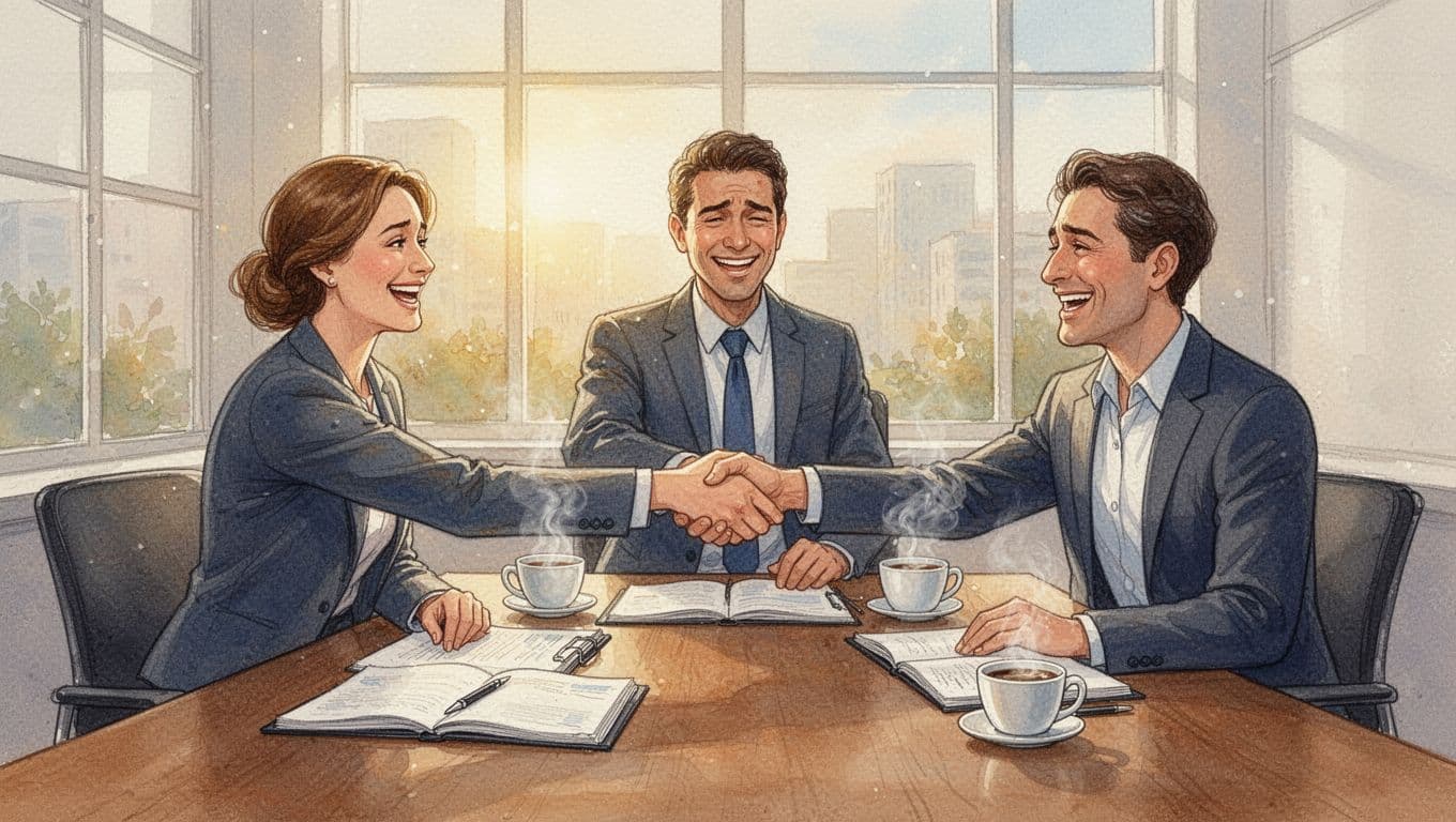 Kenyan business partners and mediator shake hands in joy after successful ADR agreement in a sunlit conference room, with open notebooks and coffee on the table, rendered in watercolor style with soft blending and warm golden lighting.