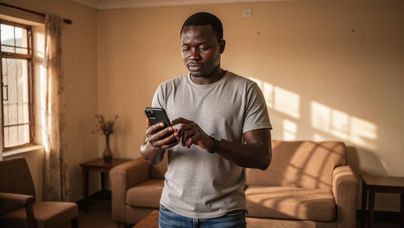 Kenyan adult in casual clothes at home holding a smartphone, dialing on the keypad with blurred screen in a relaxed pose, simple living room with natural window light, realistic photo.