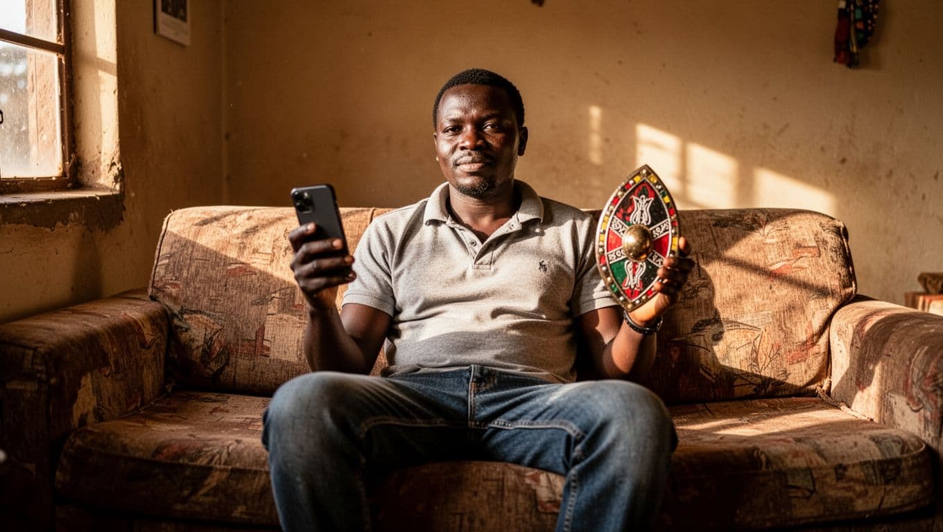 Kenyan adult in casual clothes sits relaxed in a simple Nairobi home with natural window light, holding a smartphone and a privacy shield symbol.