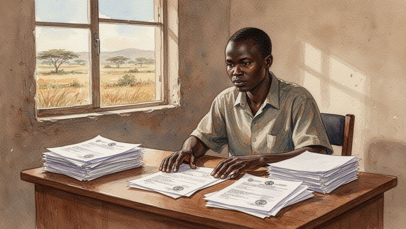 Focused Kenyan adult in a simple home office reviews stacks of legal documents like land titles and contracts on a wooden desk, with warm natural light and rural fields visible, in watercolor style with soft blending and earth tones.