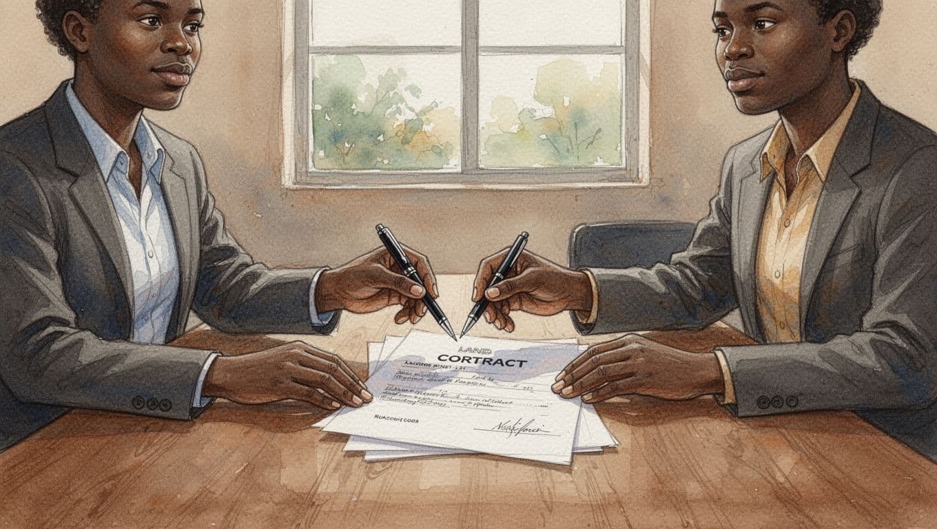 Two Kenyan adults in simple office attire sign a land sale contract at a wooden table, one handing a pen to the other, in a watercolor style with warm earthy tones.