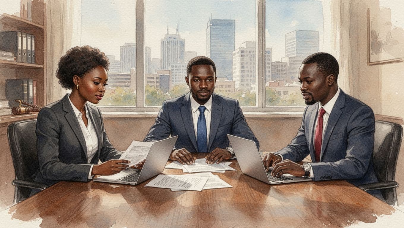 Three professional Kenyan advocates, two men and one woman in suits, gathered around a conference table in a sunlit law office reviewing documents and laptops, in watercolor style with earth tones.