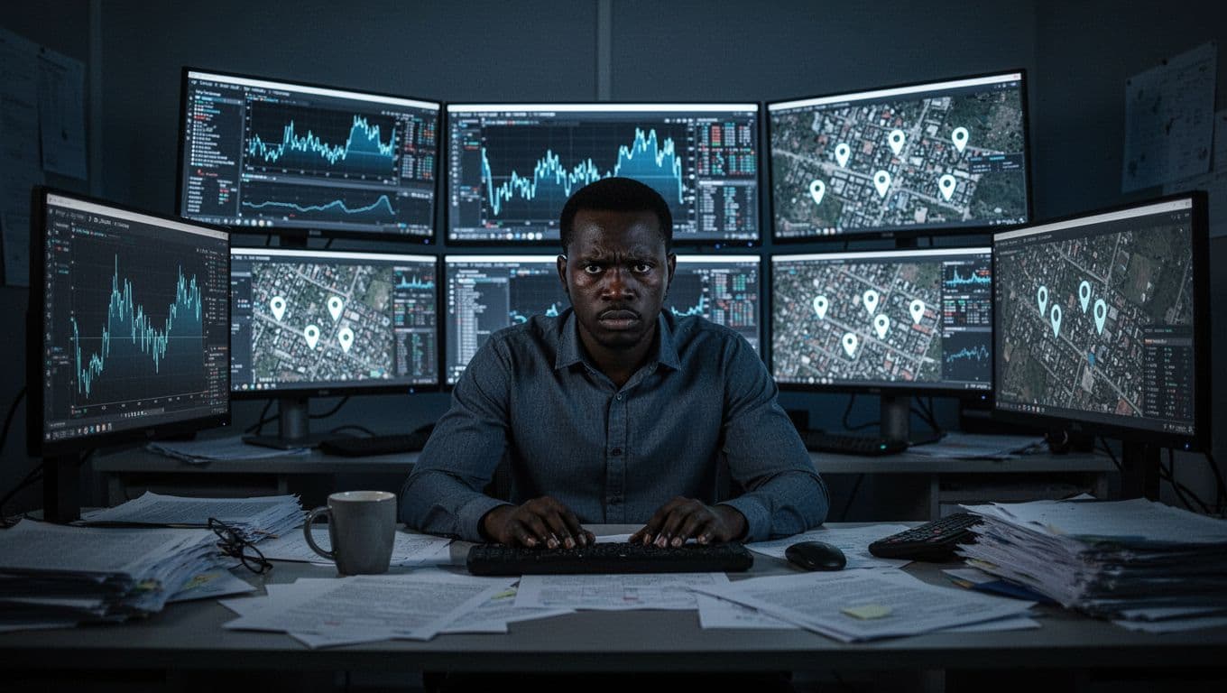 In a dimly lit office, a single Kenyan government analyst with a tense expression stares at multiple computer screens displaying phone signals and location pins on a Nairobi map, highlighting surveillance risks.