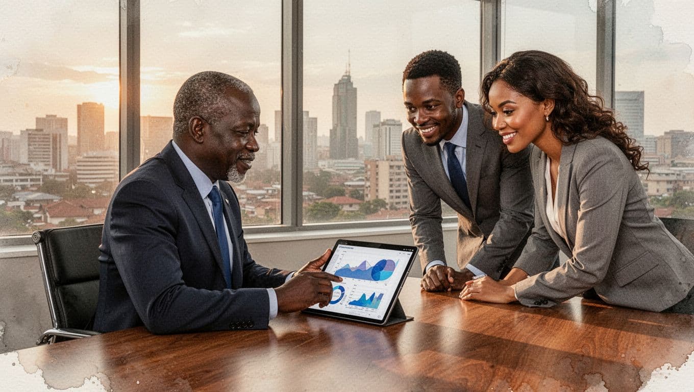 Middle-aged Kenyan arbitrator in business attire at a modern Nairobi office desk interacts with AI tablet displaying case analytics, joined by two attentive clients, in watercolor style with warm lighting.