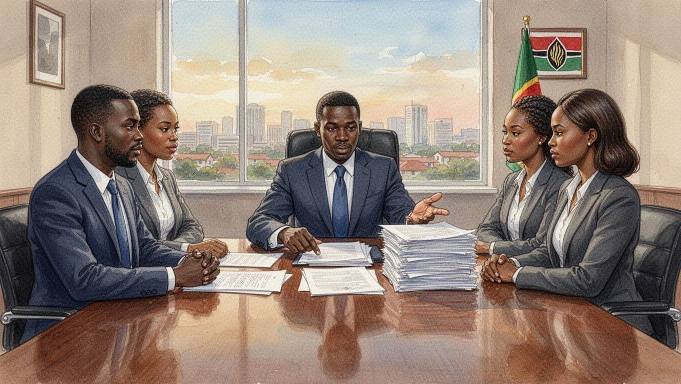 A single Kenyan arbitrator in business attire sits at the head of a wooden conference table in a modern Nairobi office, gesturing decisively toward binding award papers while two business clients listen attentively. The watercolor-style scene features expressions of resolution and trust, with a Kenyan flag and skyline view through the window under warm afternoon lighting.