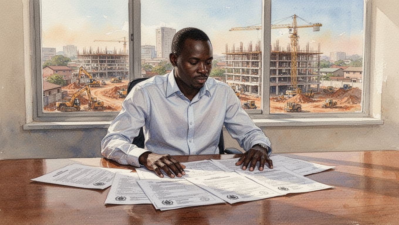 Watercolor style image of a Kenyan architect in a business shirt at a wooden desk in a bright office overlooking a Nairobi construction site, reviewing printed checklist, NCA approval stamp, building plans, and signed contracts with relaxed hands under warm morning light.