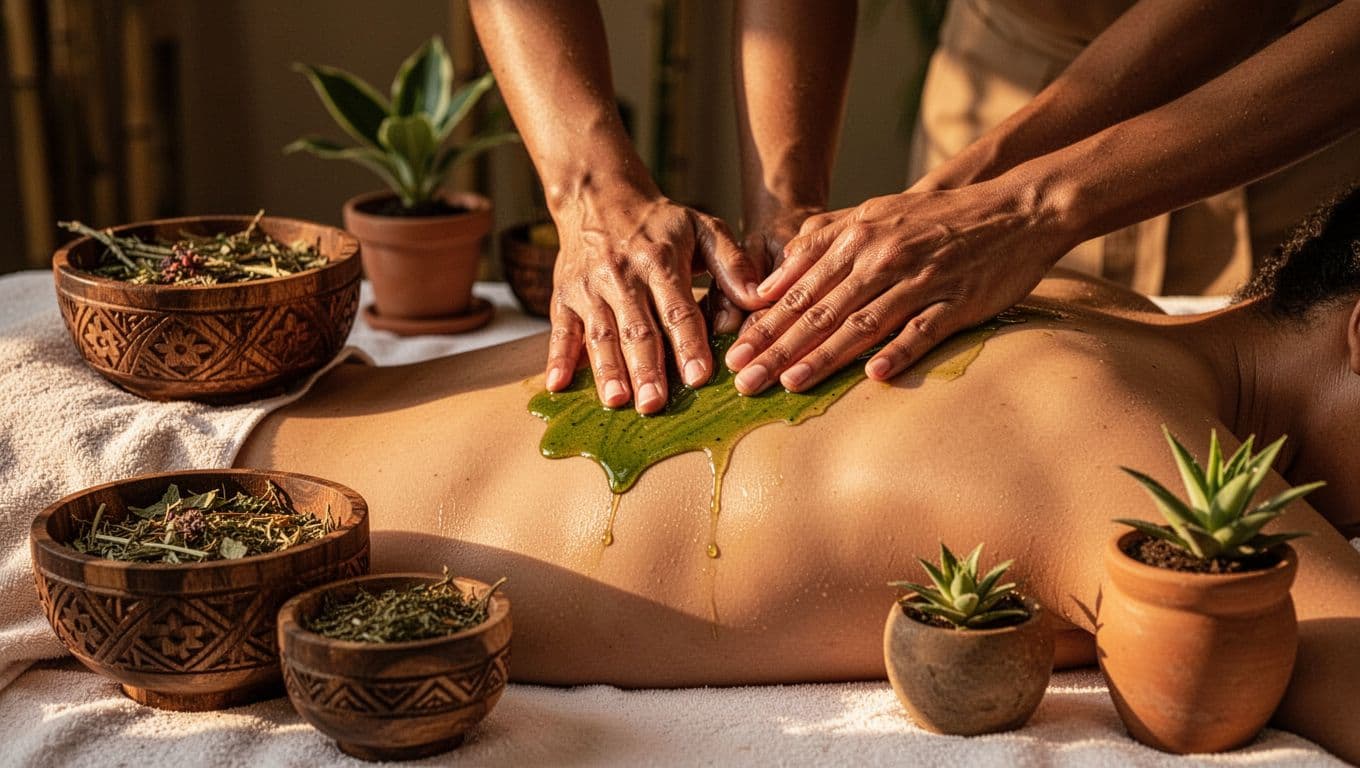 Close-up view of skilled hands applying vibrant green Kenyan botanical-infused massage oil to a person's relaxed bare back on a spa table, surrounded by subtle African-inspired decor and warm golden hour lighting.