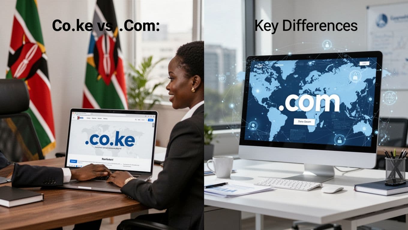 Split-image composition featuring a Kenyan business professional in a Nairobi office viewing a local .co.ke website on the left and a global .com site on the right, emphasizing domain differences for Kenyan businesses.