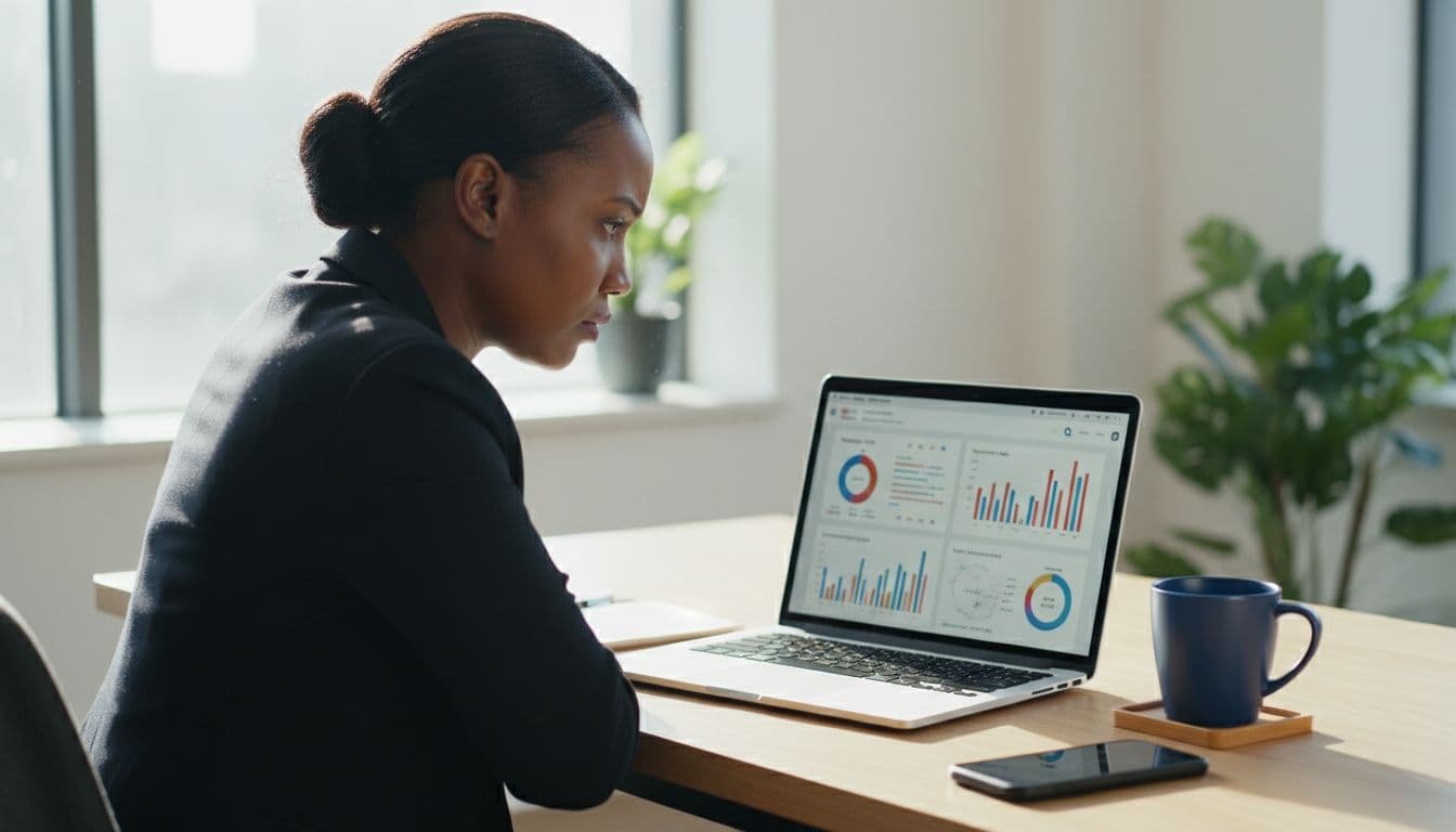A Kenyan business owner in a modern Nairobi office thoughtfully analyzes website analytics on a laptop screen, with a coffee mug, phone on the desk, and natural daylight from the window.