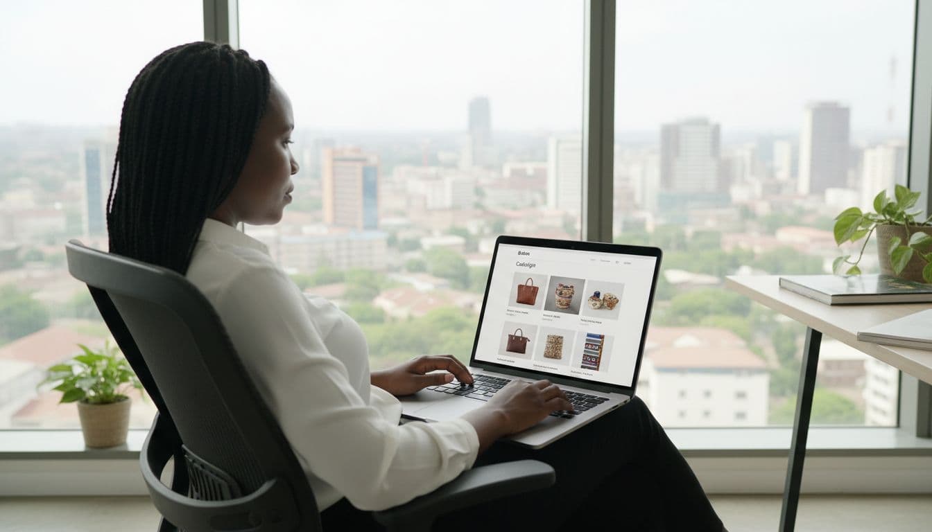 A Kenyan small business owner in a modern Nairobi office browses a simple clean product catalogue website on her laptop, with natural lighting and city view.