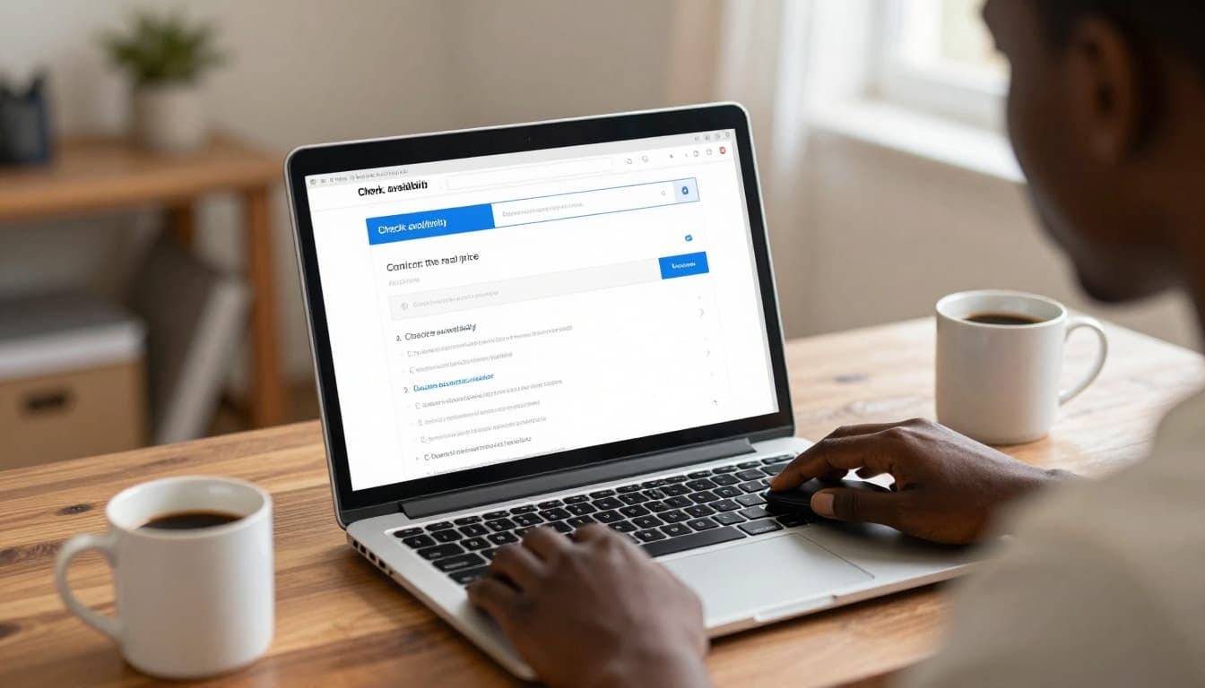 A Kenyan small business owner at a home desk in a modest living room focuses on a laptop screen showing domain search results at a slight angle, with a mouse in hand and coffee mug nearby under natural daylight.