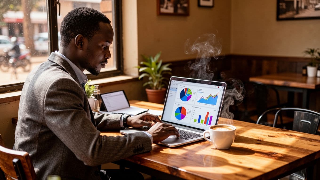 Kenyan small business owner at wooden desk in bright Nairobi cafe, analyzing Google Ads performance on laptop with abstract colorful charts, relaxed with coffee cup, natural daylight.