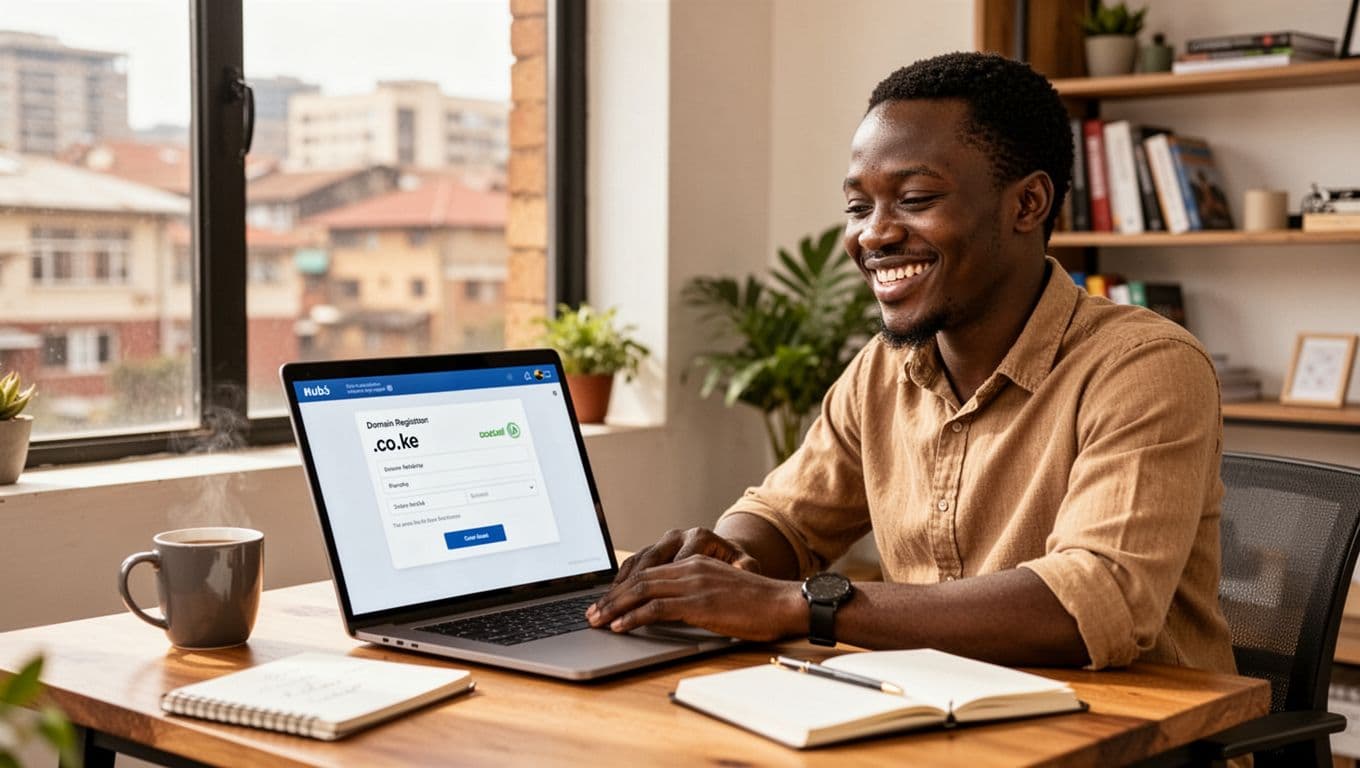 Kenyan small business owner smiles confidently in a bright modern Nairobi office at a laptop showing successful .co.ke domain registration dashboard, with relaxed hands on desk, coffee mug, notebook, and warm natural window light.