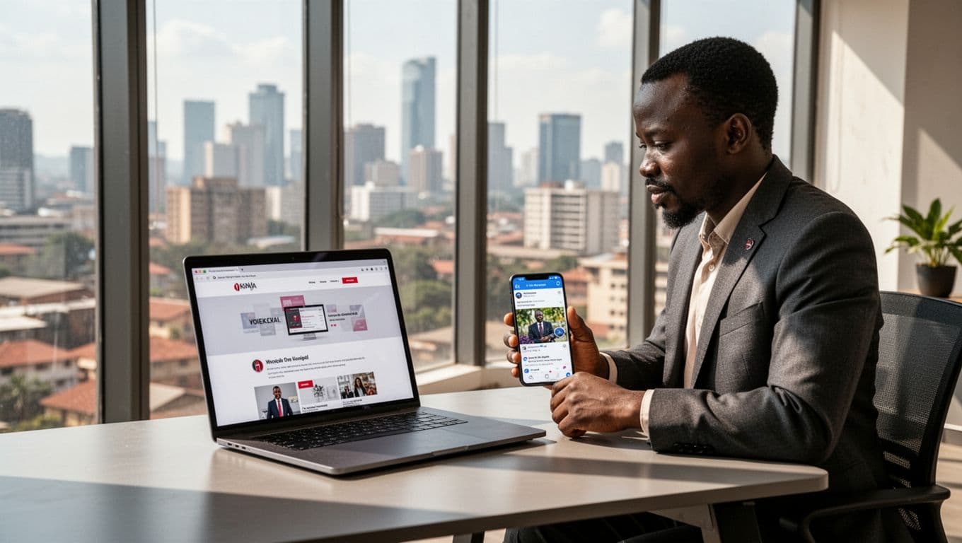 A Kenyan business owner at a desk in a modern Nairobi office compares a laptop screen showing a custom website with a phone displaying a Facebook page, using a side-by-side split screen composition with natural daylight and city skyline view through the window.