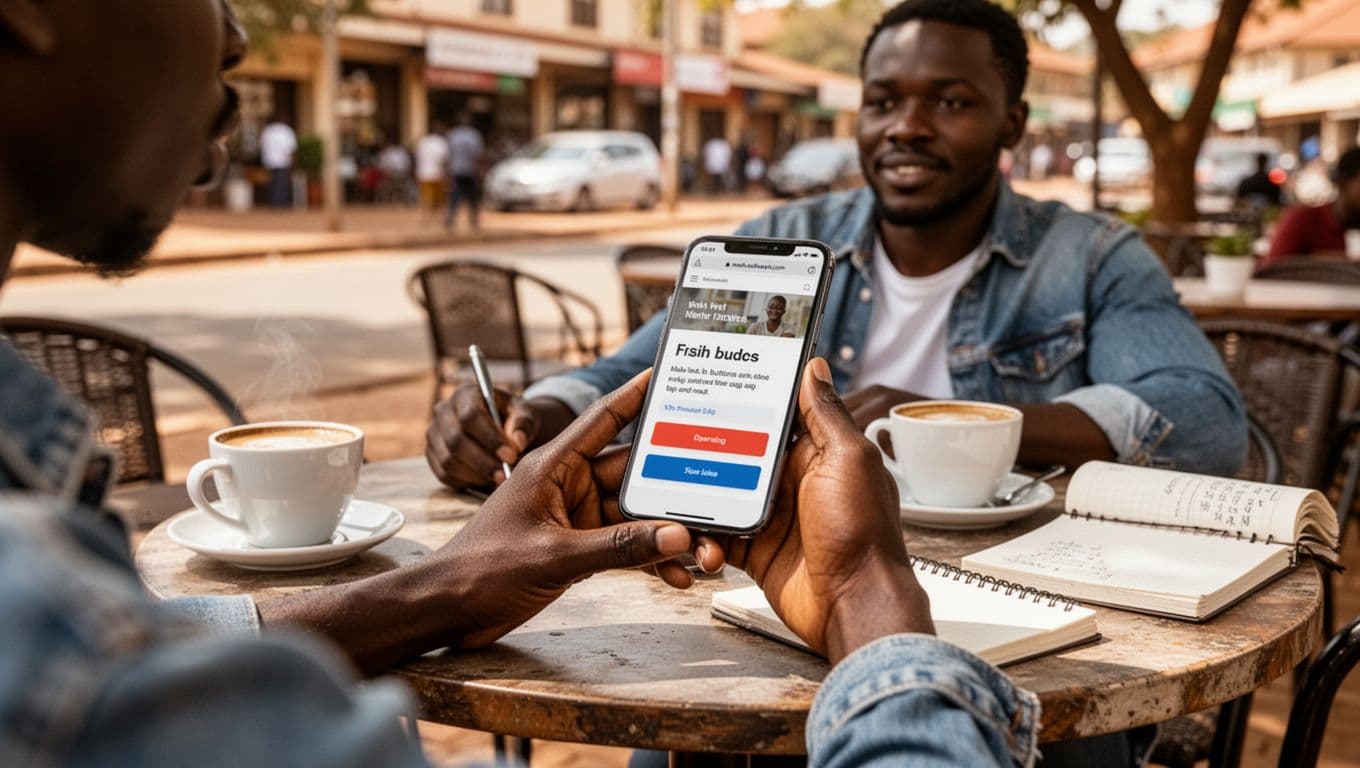 Kenyan business owner in casual attire relaxes at an outdoor Nairobi cafe table, holding a smartphone showing a webpage with large readable fonts and prominent tappable buttons; screen slightly blurred, coffee and notepad nearby in midday sunlight.