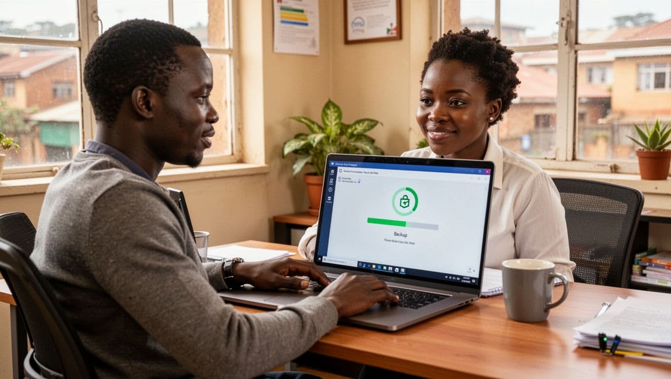 A relaxed Kenyan small business owner in a bright Nairobi office sits at a desk with a laptop displaying software update and backup progress screens, coffee mug nearby, natural light from window.