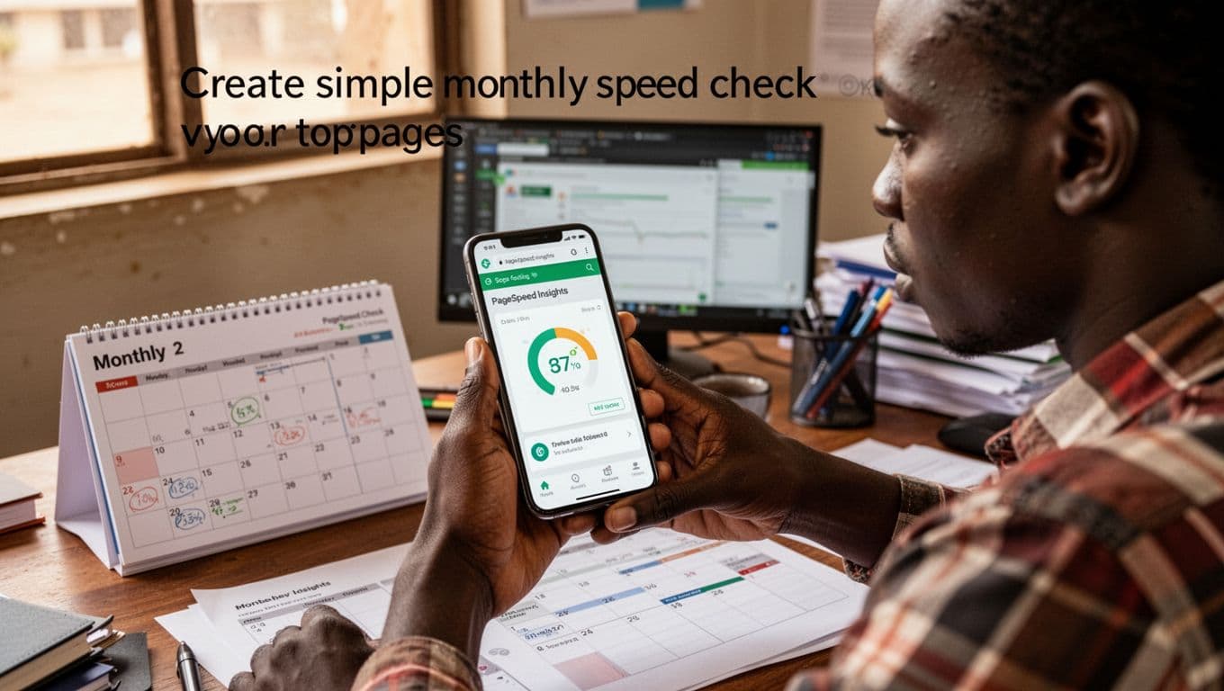 Kenyan small business owner in Nairobi office holds smartphone testing website speed with PageSpeed Insights open, calendar marked for monthly check on desk, focused expression in natural daylight.