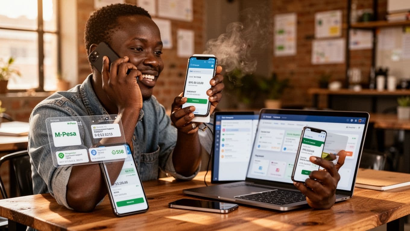 A Kenyan business owner in a Nairobi co-working space talks on the phone to registrar support while casually checking M-Pesa payment confirmation on a nearby smartphone, with a laptop showing a blurred dashboard open.