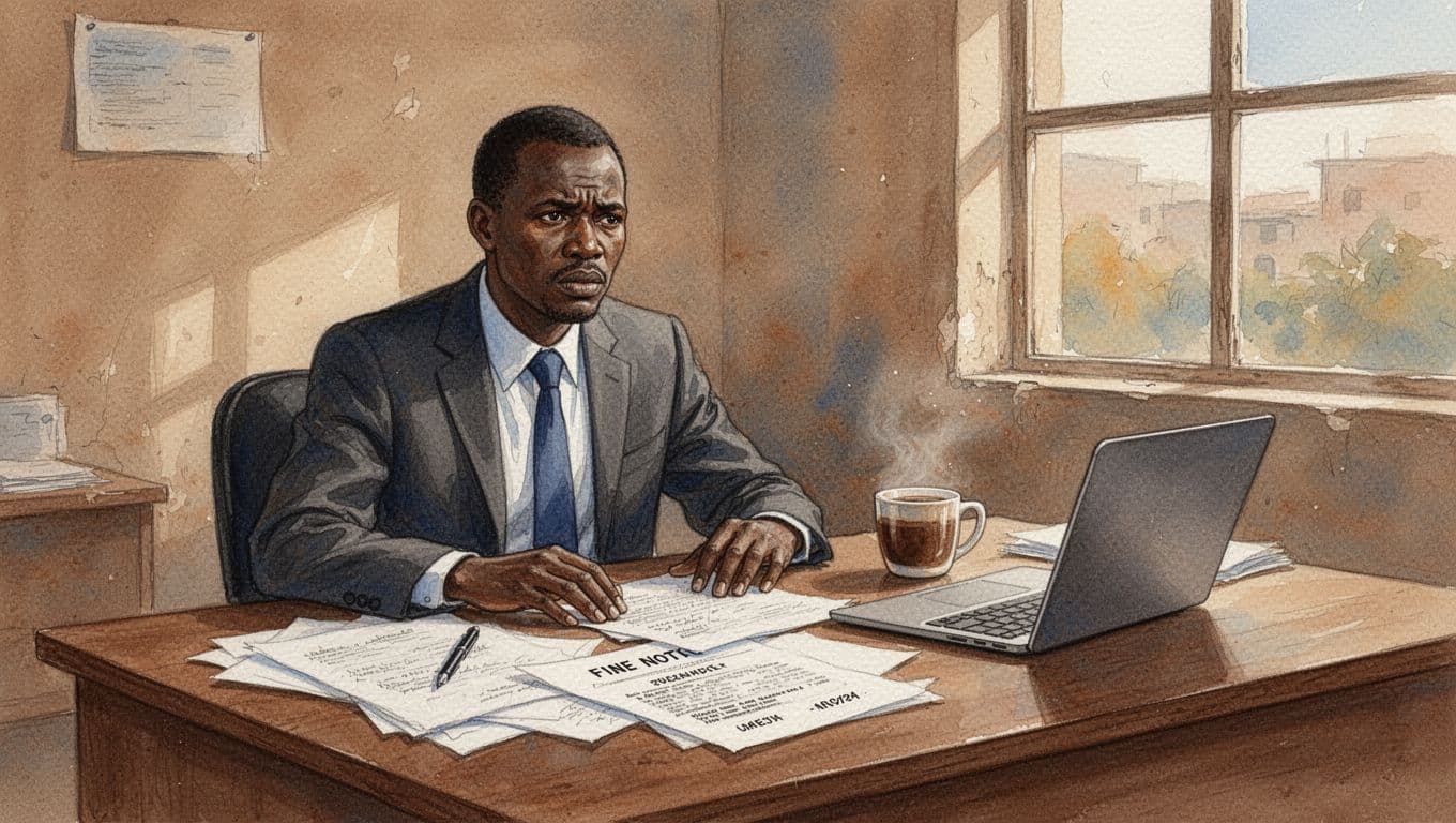 Watercolor illustration of a Kenyan business owner in a modest Nairobi office, sitting at a wooden desk and looking worried at ODPC enforcement notice and fine documents, with a coffee mug and laptop nearby.