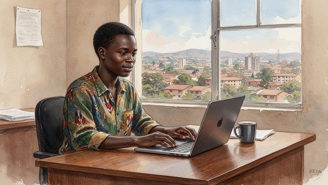 A Kenyan small business owner in a modest Nairobi office sits at a wooden desk using a laptop for ODPC online registration, with a relaxed hand on the mouse and a coffee mug nearby, rendered in watercolor style with soft daylight.
