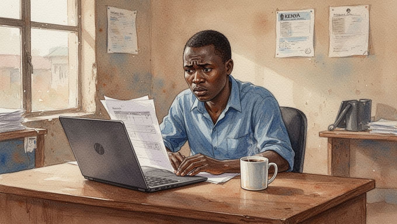 Watercolor style image of a Kenyan small business owner in a modest Nairobi office, sitting at a wooden desk with a concerned expression while reviewing an ODPC enforcement notice on an angled laptop screen, hands relaxed nearby with a coffee mug.