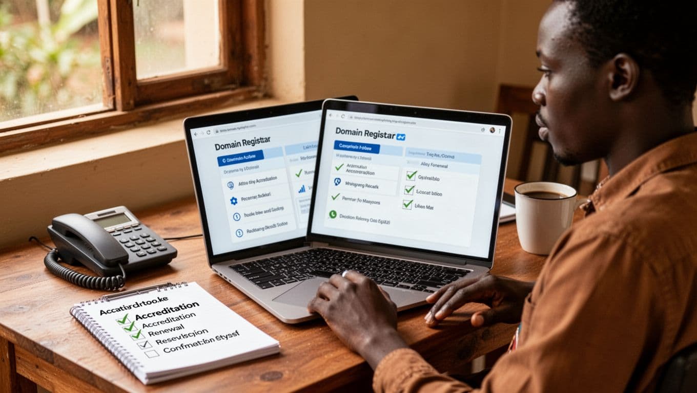 Kenyan small business owner in home office reviews domain registrar comparison on laptop at slight angle, with notepad checklist of features like accreditation and renewal beside phone and coffee mug, natural window light, realistic photograph.