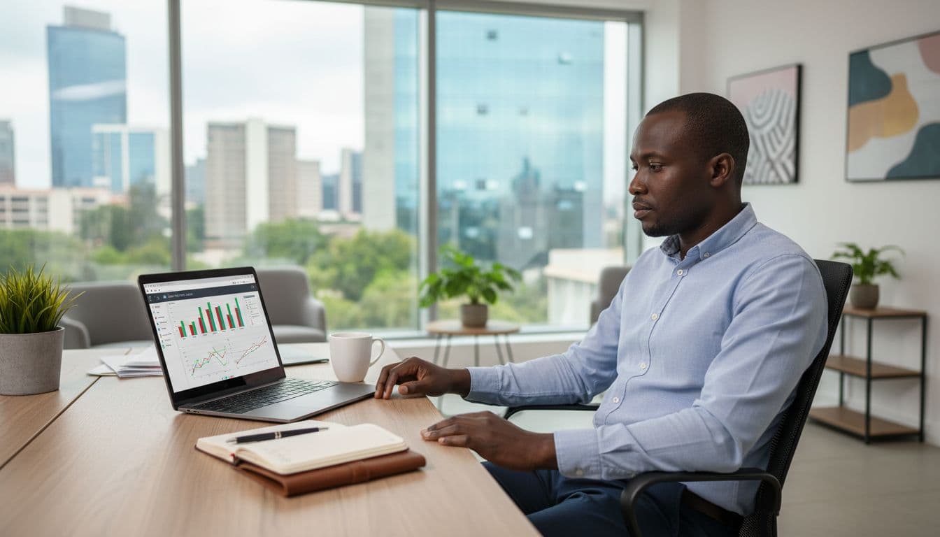 A mid-30s Kenyan business owner in business casual attire reviews an SEO dashboard on a laptop in a modern Nairobi office, with visible keyword rankings and traffic graphs, coffee mug, notebook, and partial city view through a large window.