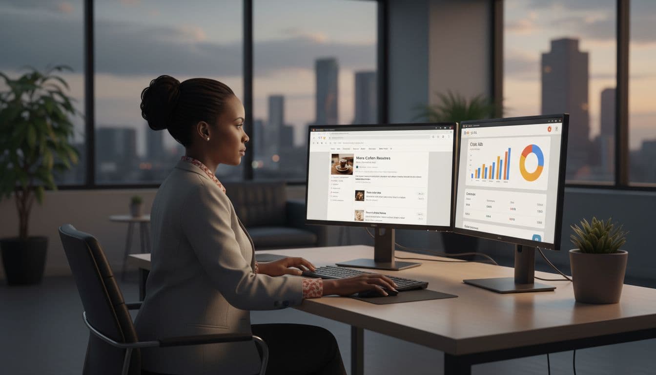 A Kenyan small business owner sits at a desk in a modern Nairobi office, analyzing SEO organic search rankings on one dual screen and Google Ads performance metrics like clicks and conversions on the other, under warm lighting.