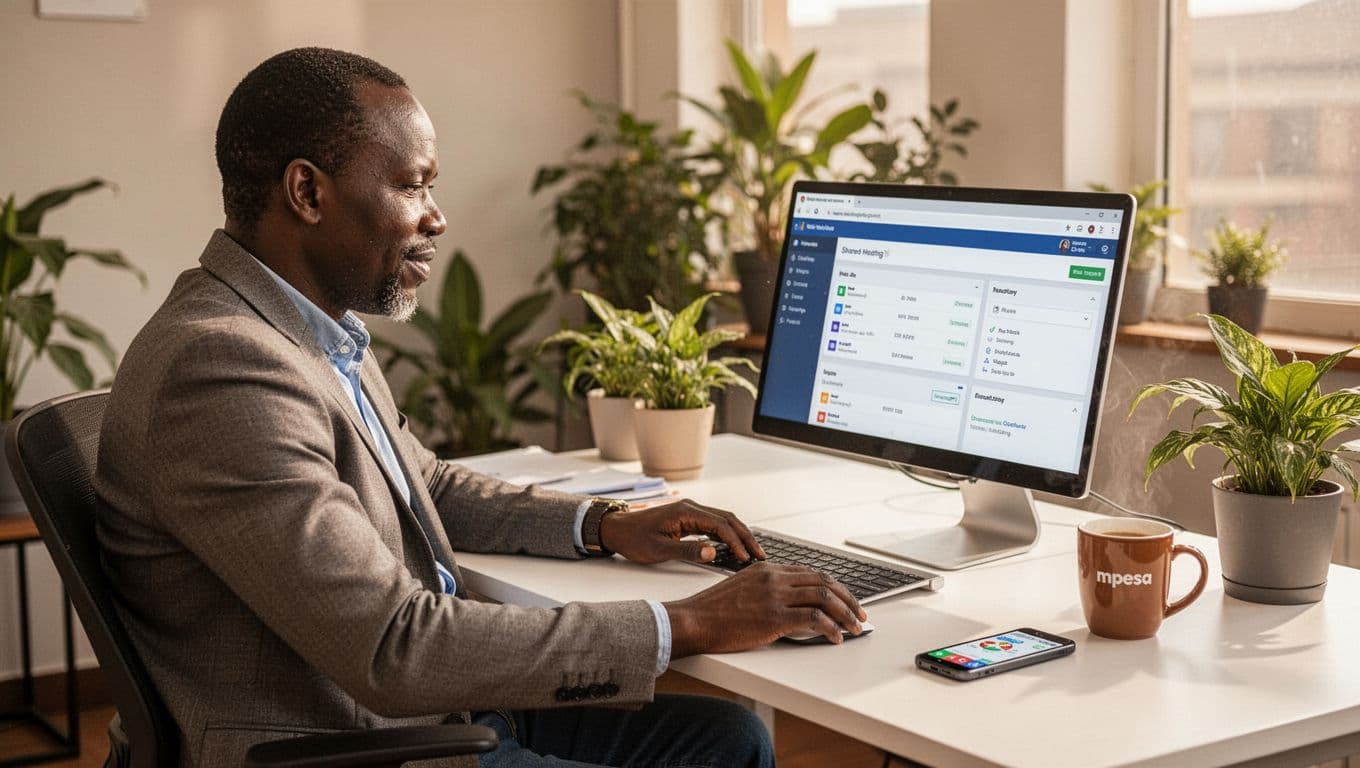 A middle-aged Kenyan small business owner in neat casual attire sits relaxed at a desk in a bright Nairobi office, reviewing a shared hosting control panel on his angled laptop screen, with coffee mug and M-Pesa phone nearby.