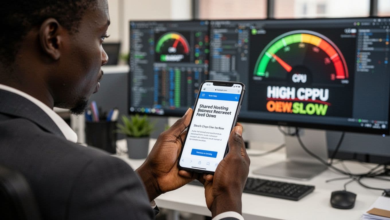 A Kenyan business owner in a modern Nairobi office examines a slow-loading website on a smartphone, with a subtle server overload indicator like a high CPU meter in the blurred background; realistic photograph in natural daylight, landscape composition.