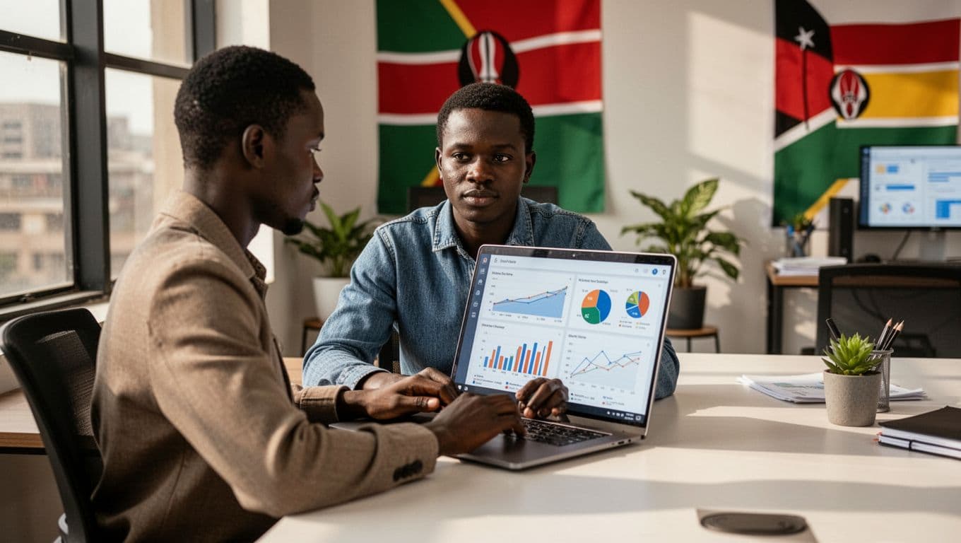 Kenyan small business owner in a modern Nairobi office sits at a desk with a laptop open to a website dashboard displaying maintenance metrics like uptime and updates, with Kenyan flag elements in the background and natural daylight lighting.